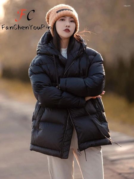 Trench da donna Piumino da donna Collezione 2024 Cintura Premium Verde scuro Versione coreana Con cappuccio Puff di media lunghezza Anatra bianca