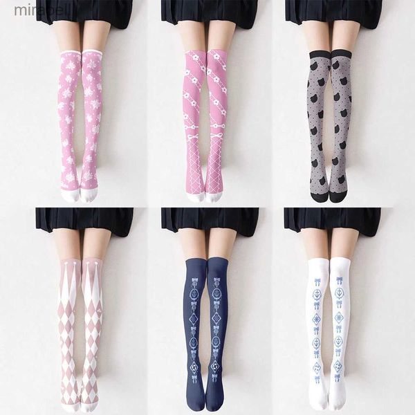 Socken Strumpfwaren Süße Schleife Rose Blume Bär Druck Strümpfe für Frauen Oberschenkel hoch rutschfest Sexy Cosplay Dessous Samt Anti Haken Seidenstrümpfe YQ240122