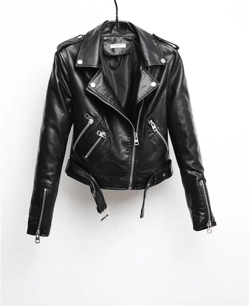 Ceketler 2023 Yeni Moda Kadınlar Otomatik Kış Siyah Sahte Deri Ceketler Lady Bomber Motosiklet Kemer Sıcak Satış ile Serin Dış Giyim Ceket