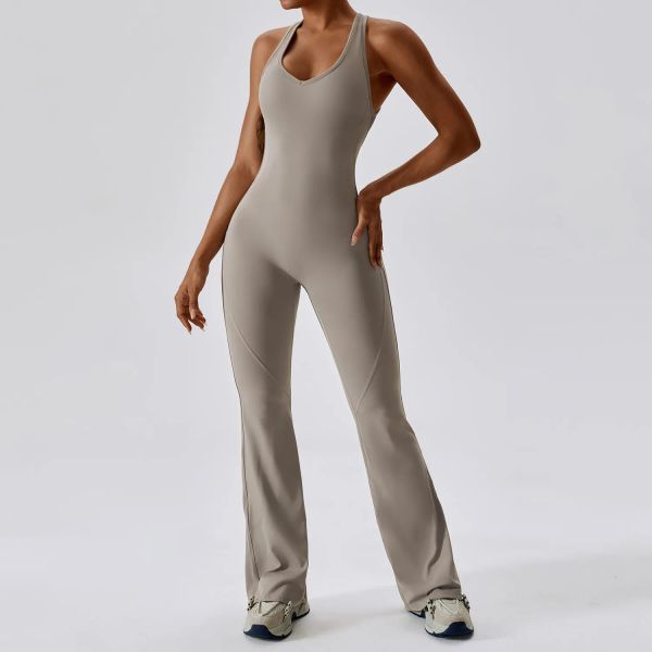 Novos macacões femininos uma peça roupas de yoga sem mangas close-fitting dança macacão calças compridas secagem rápida respirável bell-bottoms calças