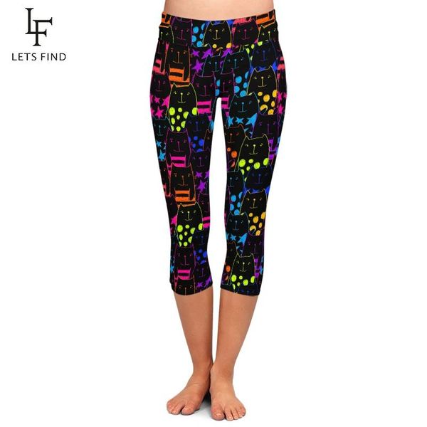 Leggings LETSFIND Fluoreszierende Cartoon-Katze Digitaldruck Damen Capri-Leggings Hohe Taille MidCalf 3/4 Stretch Damen-Leggings