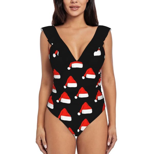 Usar papai noel natal chapéu vermelho sexy plissado impressão roupa de banho feminina um pedaço maiô feminino monokini eu acredito em