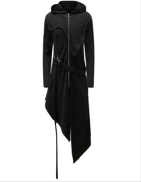 2021 New Men Black Hooded Trench Coat Loose Long irregular Jackets Spring Autumn Male Streetwear Fashion gothic Windbreaker Overco3561486