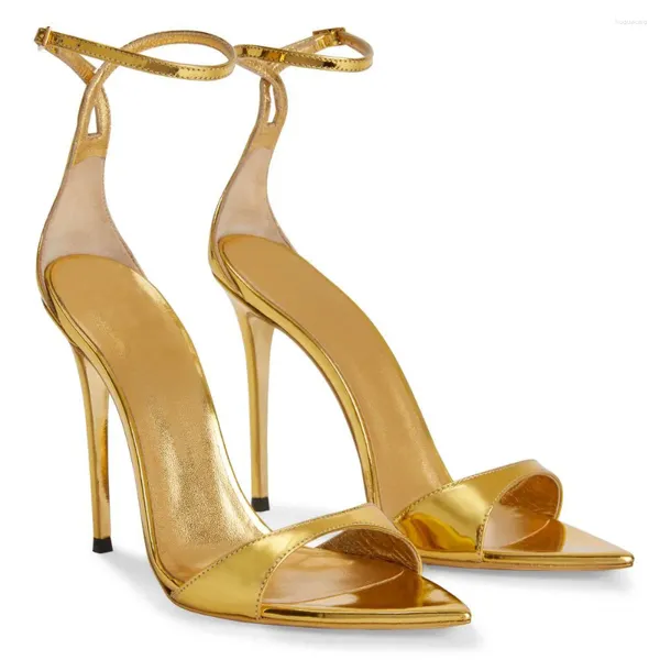 Sandálias festa de ouro salto alto para mulheres stilettos tornozelo cinta verão senhoras apontadas toe preto sapatos de tamanho grande 11-13cm