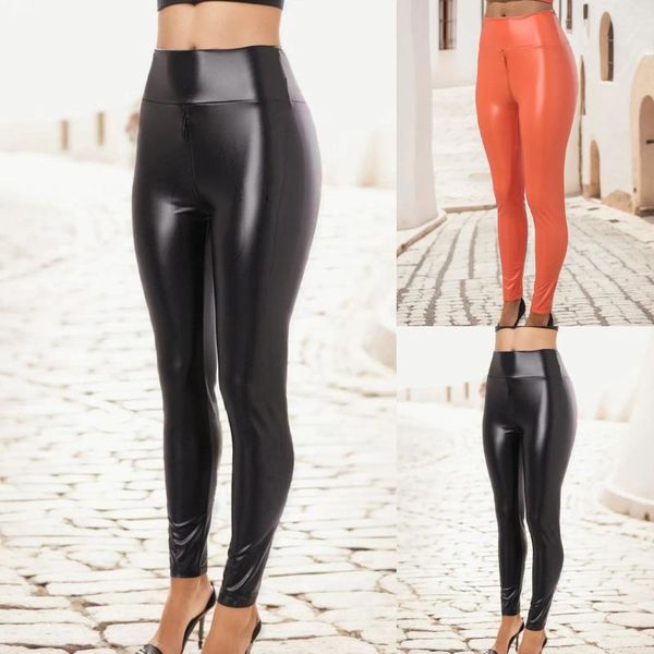 Pantaloni da donna di grandi dimensioni Donne sexy in pelle con cerniera con apertura sul cavallo Pantaloni skinny a vita alta Tinta unita attillati da discoteca