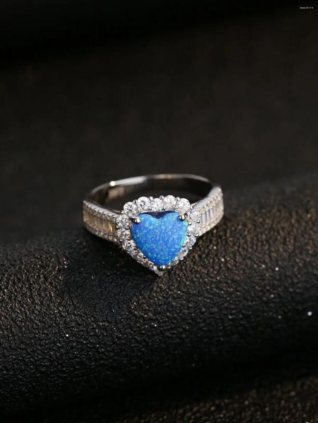 Anelli a grappolo Anello in argento puro 925 da donna con zircone pieno a forma di cuore Opale blu Dolce stile romantico per coppie che frequentano indossando