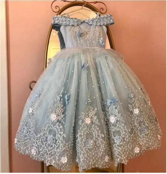 2022 bonito luz céu azul meninas pageant vestidos princesa tule rendas apliques pérolas crianças flor menina vestido de baile vestido de aniversário 6348231