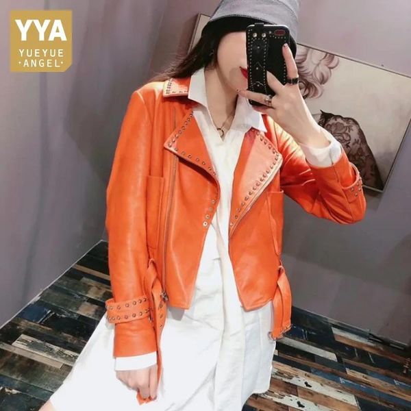 Jackets Mode Frauen Süßigkeiten Farben Punk Nieten 100% Schaffellmantel Orange Green Biker weibliche Schlanke Fit Short Gürtelte echte Lederjacke