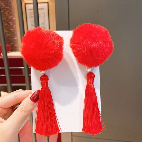 Clip per capelli con fiocco in stile antico per bambini cinesi festivi di Capodanno, copricapo con nappa rossa