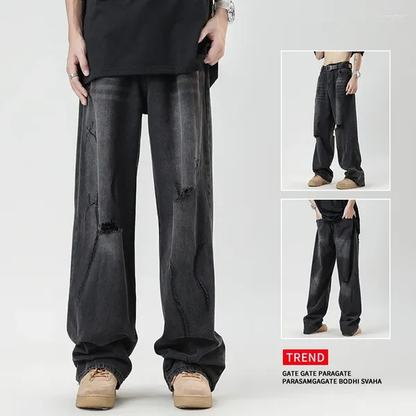 Jeans da uomo 2024 Pantaloni da uomo in denim a gamba larga stile coreano Pantaloni dritti neri larghi a vita media con gradiente maschile Taglia 3XL