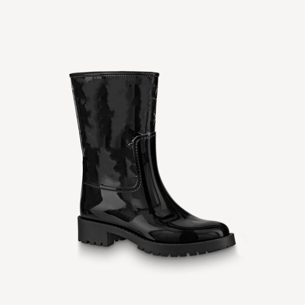 Explosion Damen DROPS FLAT HALF BOOT 1A8QV0 Regenstiefel Schwarzer, vollständig wasserdichter Gummi Ledereinlegesohle Profilierte Gummiaußensohle Luxusdesigner Counter mit Box