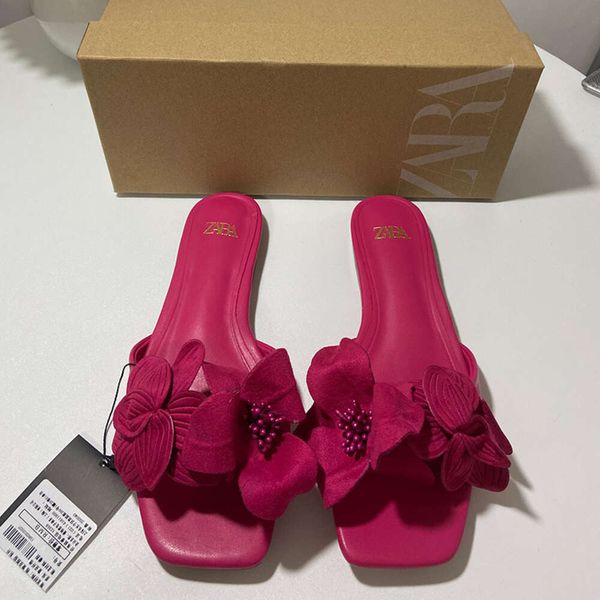 ZA Nuovo prodotto 2023 Scarpe da donna francesi con testa quadrata con fiori di rosa Open Toe Back Air Half Drag Sandali da indossare per le donne2024