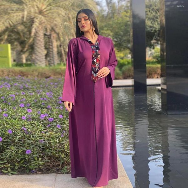 Roupas étnicas Cetim Com Capuz Abaya Vestido para Mulheres Luruxy Frisado Borla Robe Muçulmano Marroquino Caftan Dubai Turquia Árabe Omã Roupas 2024