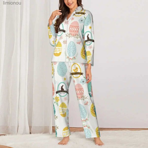 Lounge de sono feminino feliz páscoa pijamas outono colorido ovo de páscoa gráfico solto conjuntos de pijama oversize senhora manga longa quarto design casa ternol240122