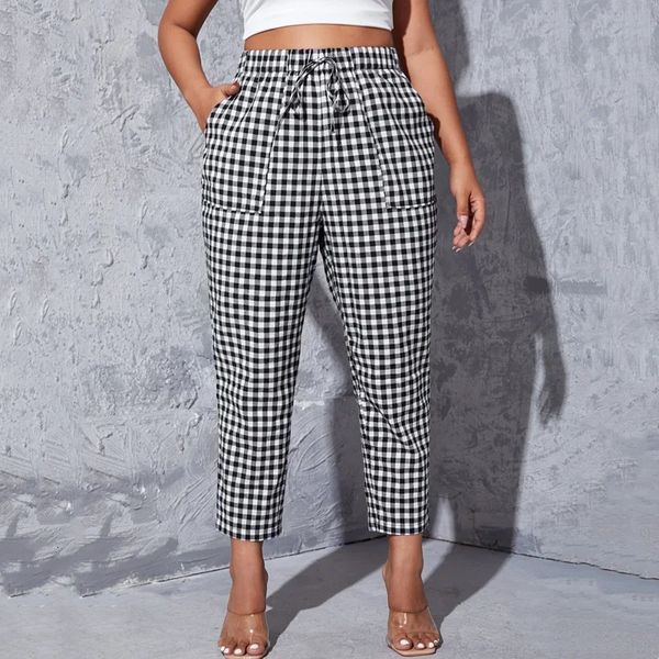 Plus Size Gingham Sommer Lässige Karottenhose mit schmal zulaufendem Bein, elastische Taille, Tasche vorne, knöchellang, gerade, Größe L 7XL 8XL 240119