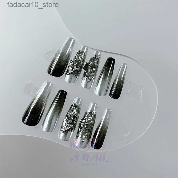 Unghie finte fatte a mano indossabili finte bara lunga nero argento sfumato stile Halloween riutilizzabile fascino artificiale design artistico farfalla decorare Q240122