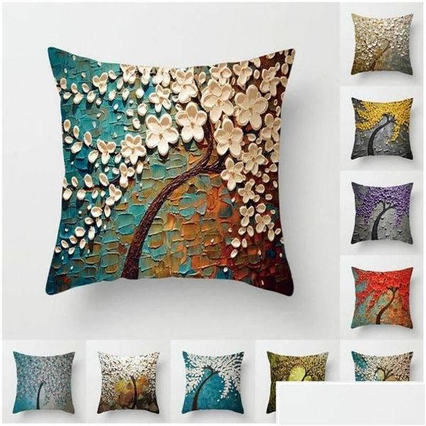 Cushion/Decorative Pillow Decorative Three-Nsional Oil Painting Trees Flowers Cotton Cushion Pillowcase Living Room Shell Sofa Drop De Dh7Yd