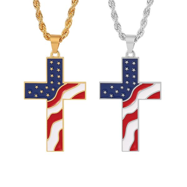 Moda americana estrelas cruz pingente colares de aço inoxidável colar da bandeira dos EUA
