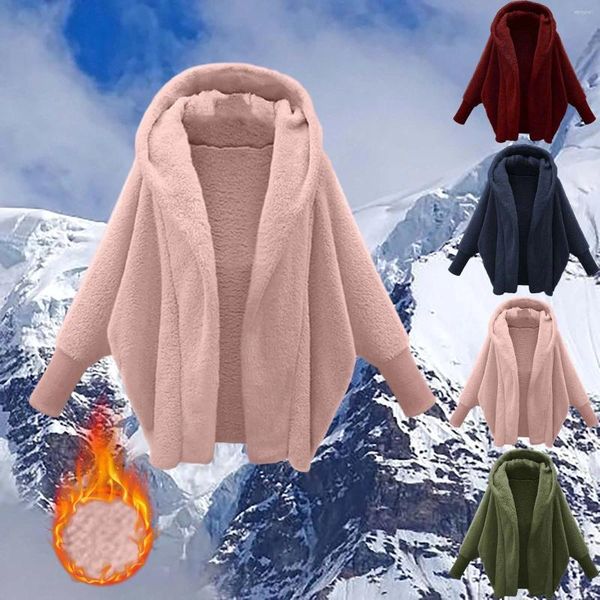 Giacche da donna Donna Inverno Manica lunga Solido Pile sfocato Cardigan con cappuccio aperto sul davanti Giacca Cappotti Capispalla con tasca