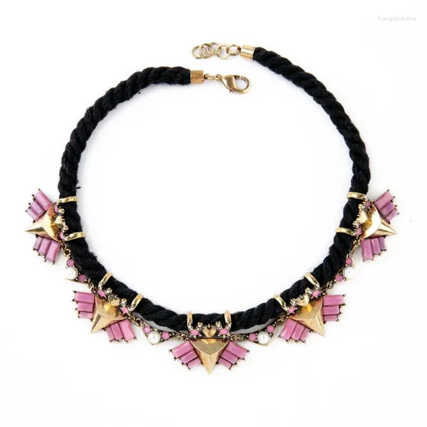 Halsband für Damen, handgefertigt, schwarzes Baumwollseil, Halskette, 2024, Spike, geometrischer Charme, rosa, klassisch