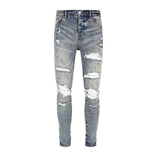 Jeans masculinos homens na moda marca vaca preta lavada danificada e usada patchwork mx1 elástico slim fit high street ins