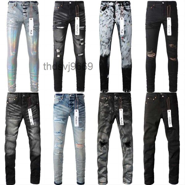 Jeans firmati viola da uomo e da donna Pantaloni denim Pantaloni traforati Pantship-hop Tendenza Cerniera Strappo Lettera Patch Aderente aderente Elastico Gamba piccola O1WZ