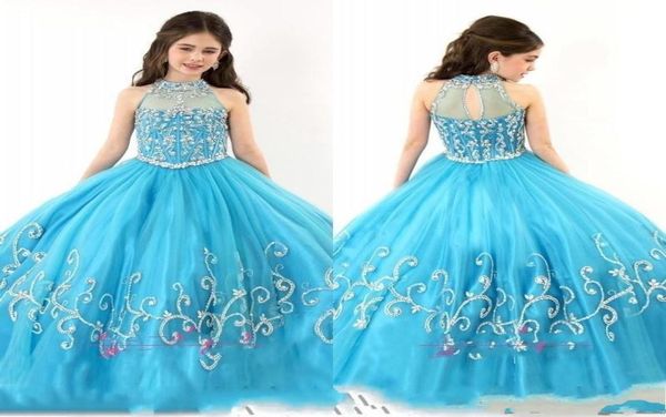 2019 Nova RACHEL ALLAN Girls Pageant Vestidos Sheer High Neck Frisado Cristal Sem Mangas Vestido de Baile Turquesa Tule Flower Girl Dresse3981443