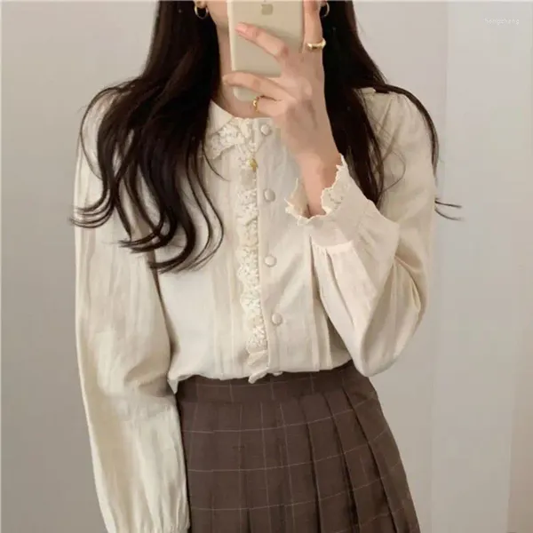 Frauen Blusen Spitze Rüschen Einfarbig Blusas Mujer Langarm Büro Dame Top Chic Frühling Roupas Femininas Casual Bluse Weibliche hemden