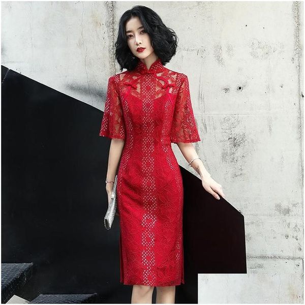 Ethnische Kleidung Sommermädchen Rote Weide Mittellanges Qipao Retro-Kleid im chinesischen Stil Cheongsam-Kleid Drop Delivery Apparel Dhmky