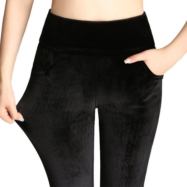 Capris inverno mais veet leggings magros calças de veludo quente feminino plus size 4xl cintura alta elástica sólida calças casuais preto azul