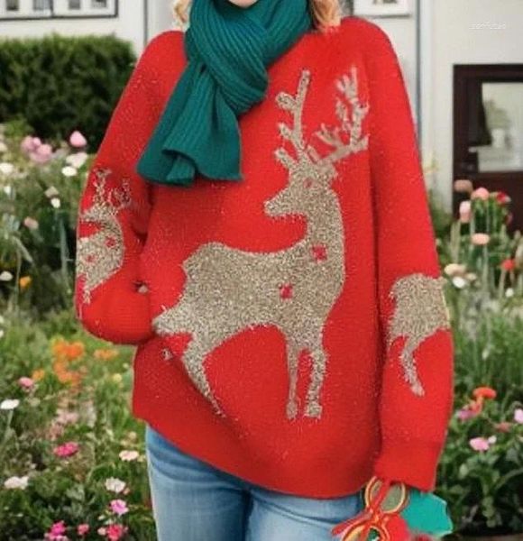 Kadın Sweaters 2024 Sonbahar/Kış Noel Kazak Moda Külot Yuvarlak Boyun Örgü Kar Tanesi Kırmızı Kırmızı Günlük Zarif Uzun Kollu