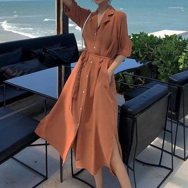 Partykleider Bürodame Einfarbig Mode Einfachheit Einreiher Kleid Sommer Elegant All-Match-Taille Kerb Damenbekleidung