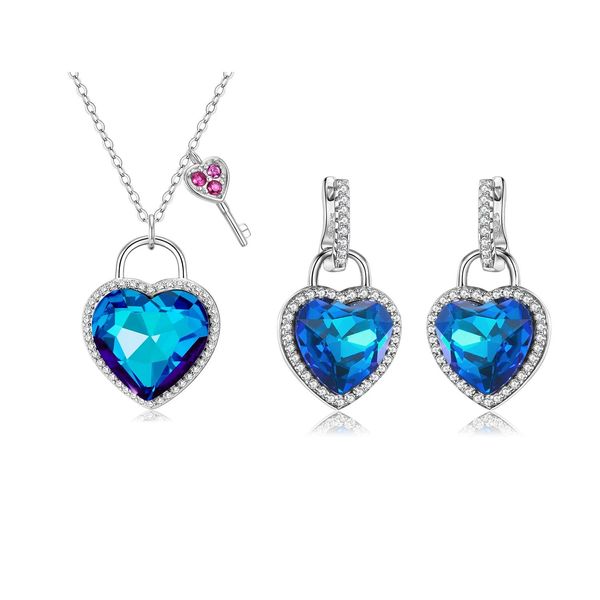 Ensembles en argent Sterling 925 véritable, amour océan cœur bleu, boucles d'oreilles à clé délicate, pendentif colliers pour femme, petite amie et femme