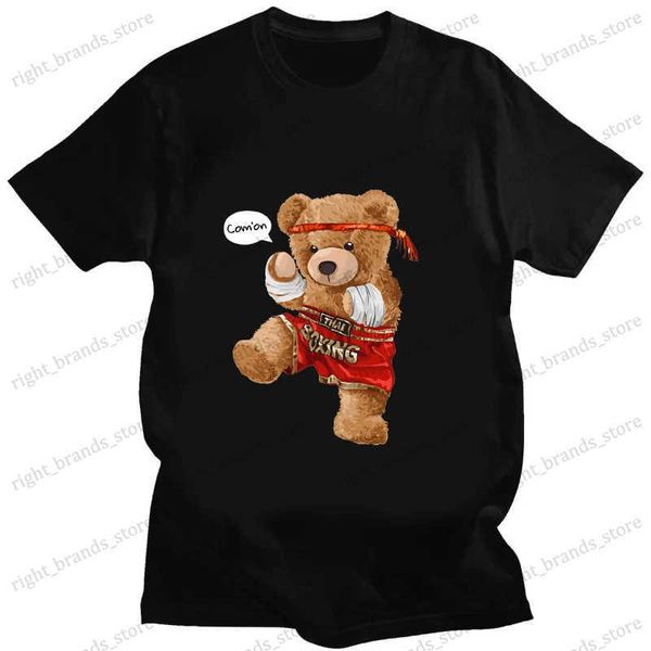 Homens camisetas Muay Thai Bear Engraçado Imprimir Camiseta Mulheres Algodão Plus Size Harajuku Manga Curta Mens Camiseta Verão Moda Streetwear Tops T240122