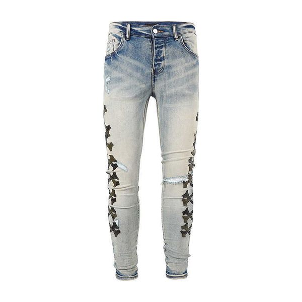 Herren Jeans Chaopai High Street Knochenstickerei Patchwork Leder Löcher beschädigen Waschen Slim Fit elastische Jeans Männer