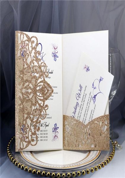 Cartões de convite de casamento cortados a laser com glitter vazados para chá de panela cartões de casamento noivado aniversário convite de formatura de negócios C3450212