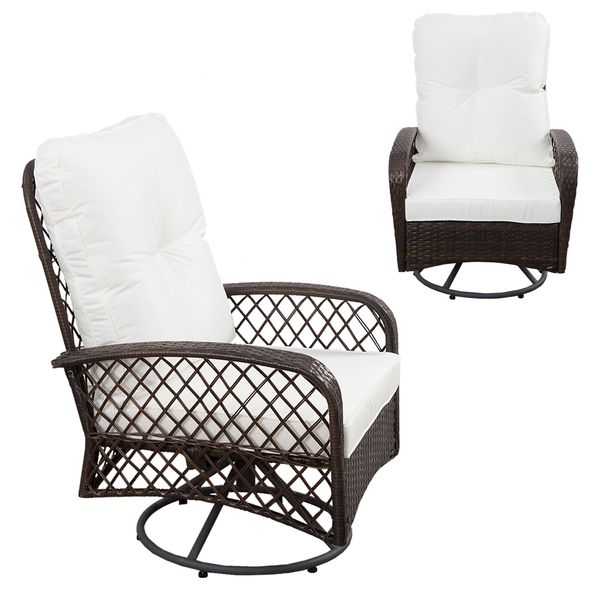 Плетеное вращающиеся стулья для внутреннего дворика, на открытом воздухе 360 ﾰ поворотные обеденные стулья с подушкой и подушкой, все погодное кресло для ротанга для сада на заднем дворе Max Load 330 фунтов
