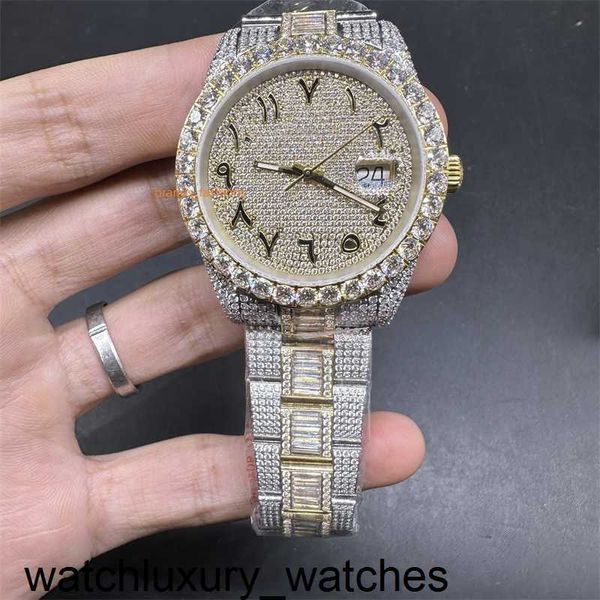 Luxus-Diamantuhr von Rolaxs, neueste Iced Out-Herrenuhr mit Swarovski-Krallenbesatz, Bi-Gold-Gehäuse, arabische Zahlen, durchgehendes Baguette-Armband, 2824-Automatikwerk