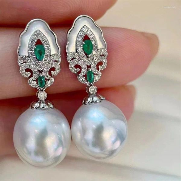 Orecchini pendenti Splendidi orecchini in giada verde perla bianca Akoya da 10-13 mm con goccia in argento sterling 925
