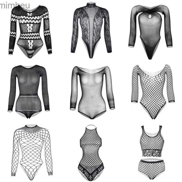 Sexy Set Plus Size Black Fishnet Bodysuit Tops Damen Sexy Einteiler Perspektive Teddys Dessous Erotische Nachtwäsche Hot Pole Dance ClubwearL240122