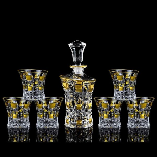 7 pçsset copos de garrafa de vinho tinto de vidro cristal pintado ouro decanter uísque casa bar vodka cerveja jarro jr 240119