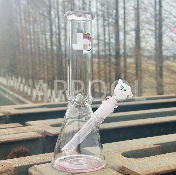 Herstellung von 10,5 Zoll HELLO Pink Kitty Bong, 14 mm männlicher Glasbongkopf mit dicken Shishaköpfen, Wasserpfeifen für Dab Rigs