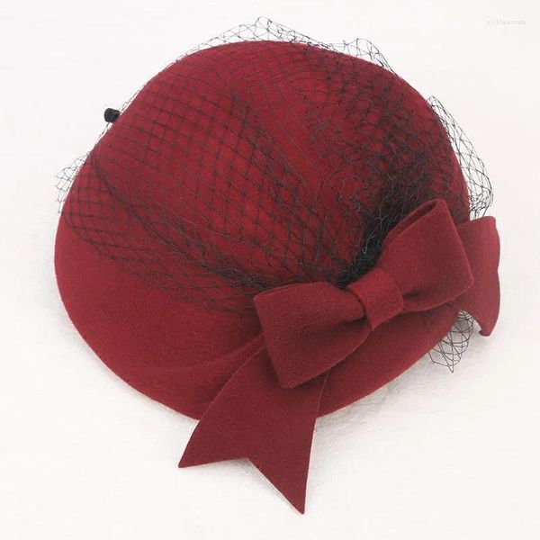 Berets meninas fedoras chapéu feminino lã véu boné senhora outono inverno britânico antigo laço elegante pintor ajustar b8955