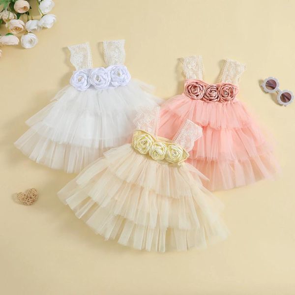 Vestidos da menina princesa bebê meninas tutu vestido de verão 3d flor rendas em camadas tule criança algodão sem mangas roupas outerwear 0-4 anos