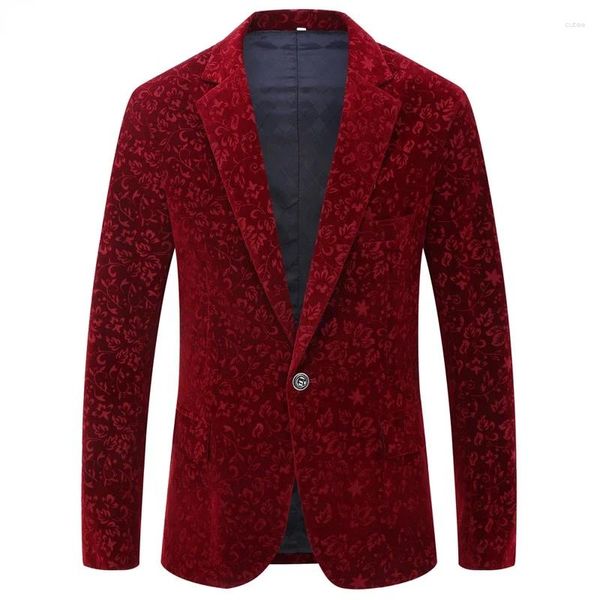 Erkekler Takımlar Şık Floral Velvet Smokin Kıyafet Ceket Çentikli Yakıt Tek Düğmesi Kırmızı Blazers Erkekler Düğün Partisi Akşam Yemeği Kostümü Homme