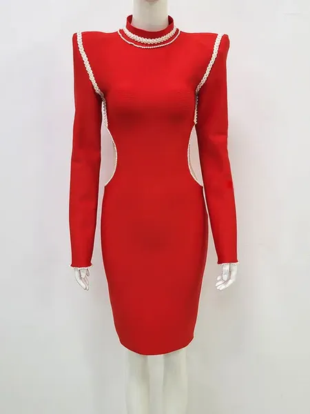 Vestidos casuais sexy mulheres vestido o pescoço manga longa vermelho pêra miçangas elegante primavera verão corte bodycon cintura alta festa vestidos