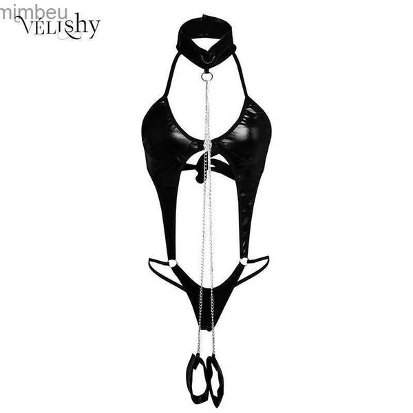 Сексуальный комплект, женский черный лакированный кожаный боди, сексуальное эротическое белье, комбинезон из латекса, соблазнительные, захватывающие женские пижамыL240122