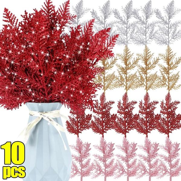 Flores decorativas natal ouro em pó ramos de pinho artificial glitter agulhas folhas decorações de guirlanda de natal para casa presentes de ano decoração