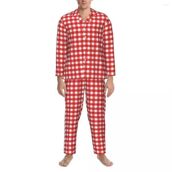 Masculino sleepwear retro xadrez pijama conjuntos outono vermelho e branco gingham romântico casa homem duas peças soltas terno gráfico de grandes dimensões