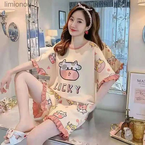 Conjunto de pijama feminino Sleep Lounge 2022 para mulheres vacas desenho animado estampado camiseta de manga curta + shorts 2 peças feminino macio casual pijamas homewear PijimasL240122